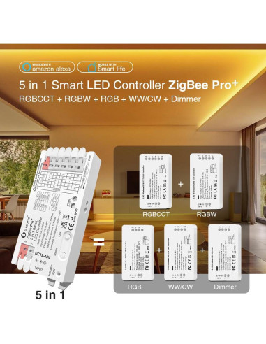 Controlador LED GLEDOPTO ZigBee Pro 5 en 1 DC 12-48V 15A