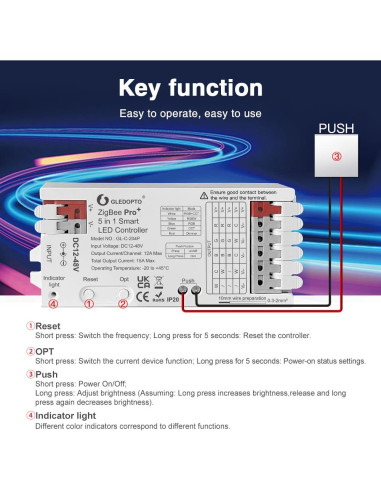 Controlador LED GLEDOPTO ZigBee Pro 5 en 1 DC 12-48V 15A