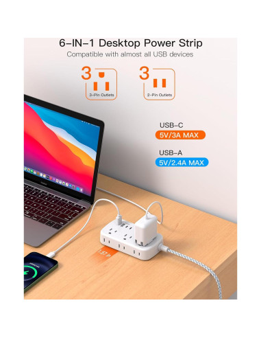 Regleta de Enchufes BESHON 7.62m con 6 Salidas y 4 USB