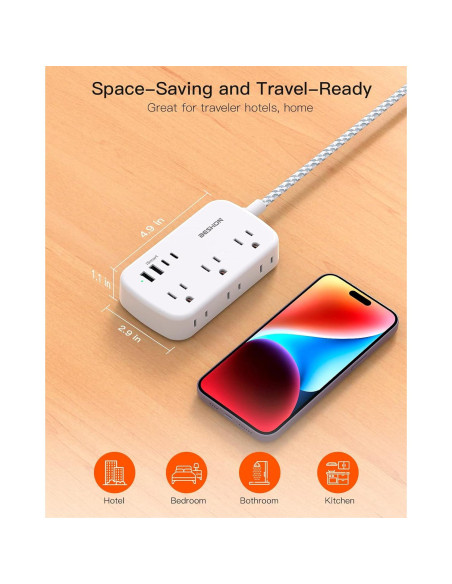 Regleta de Enchufes BESHON 7.62m con 6 Salidas y 4 USB