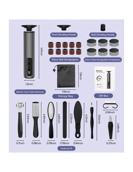 Removedor de Callos Eléctrico 9 Velocidades USB Gris Oscuro