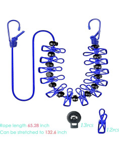 Cuerda de Ropa Elástica Portátil SFOCFWH 175cm Azul con 12 Pinzas 2