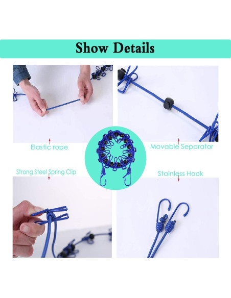 Cuerda de Ropa Elástica Portátil SFOCFWH 175cm Azul con 12 Pinzas