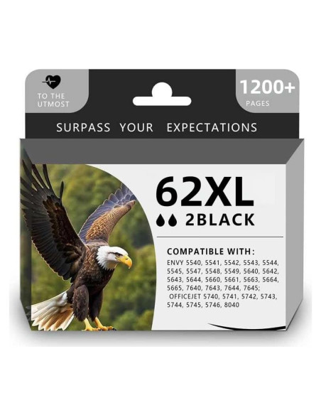 Cartucho de tinta negra 62XL PFKink para HP Envy y OfficeJet (2 unidades)