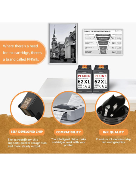 Cartucho de tinta negra 62XL PFKink para HP Envy y OfficeJet (2 unidades)