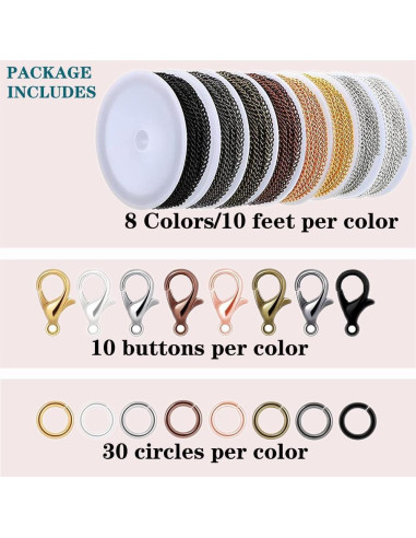 Kit de Fabricación de Joyas YZDTECH - Cadena 24.38 m, 8 Colores, 80 Cierres