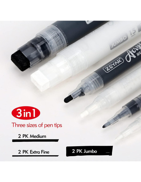 Marcadores Acrílicos ZEYAR, 6 Piezas, Punta Extra Fina y Jumbo