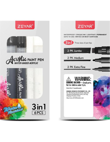 Marcadores Acrílicos ZEYAR, 6 Piezas, Punta Extra Fina y Jumbo