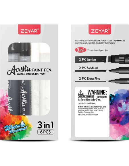 Marcadores Acrílicos ZEYAR, 6 Piezas, Punta Extra Fina y Jumbo