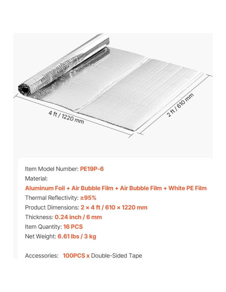 Hoja de Aislamiento Reflectante Doble VEVOR 61x122cm 16PCS