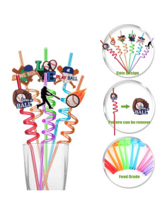 24 Pajitas Reutilizables de Plástico Peiking Tema Béisbol 2