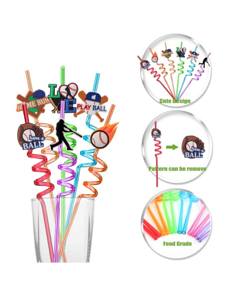 24 Pajitas Reutilizables de Plástico Peiking Tema Béisbol