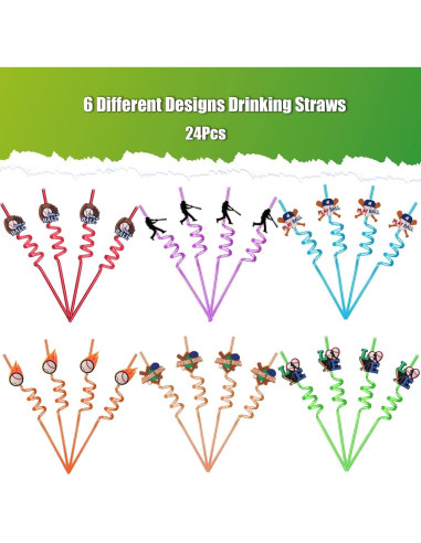 24 Pajitas Reutilizables de Plástico Peiking Tema Béisbol