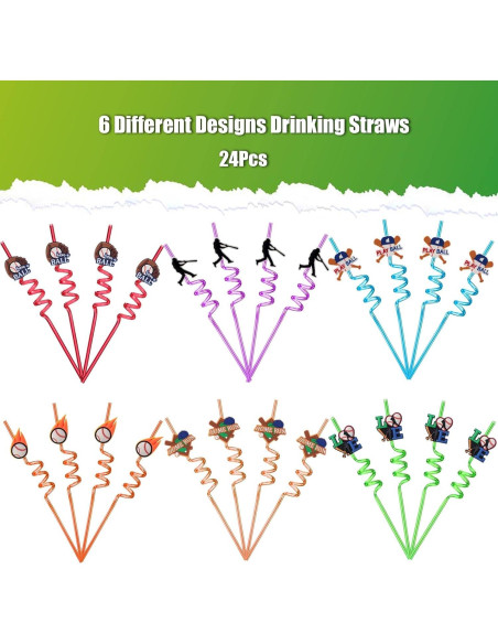 24 Pajitas Reutilizables de Plástico Peiking Tema Béisbol