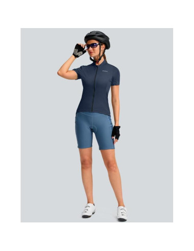 Camiseta de Ciclismo Mujer Manga Corta Azul Marino Secado Rápido