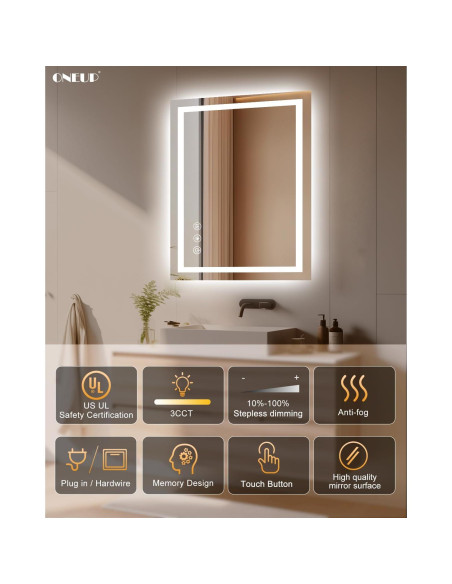 Espejo de Baño LED Oneup 81x61 cm Iluminado Táctil Antivaho
