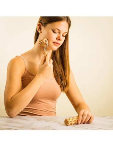 Rodillo de Masaje Facial de Madera Tuuli Set de 2 - 18x4cm y 11x3cm