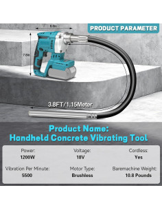 Vibrador de Concreto Portátil Vokoroad 1200W 18V 1.16m 2