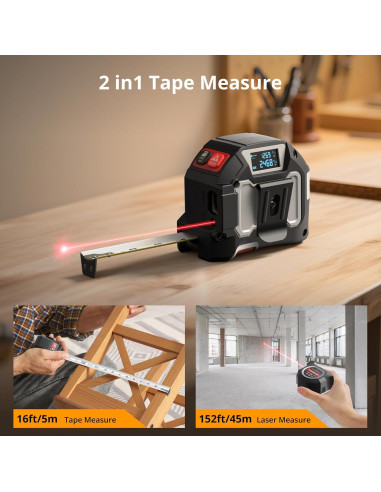 Cinta Métrica Láser 2-en-1 JolyWell 46m y 5m Precisión