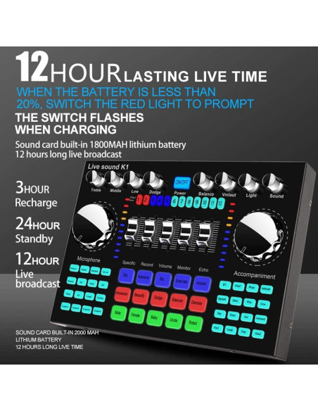 CALIDAKA Tarjeta de Sonido Mini Mezcladora Bluetooth 1800mAh