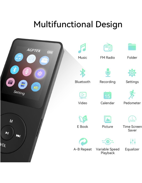 Reproductor MP3 AGPTEK A02 Bluetooth 5.3 32GB Pantalla 1.8"