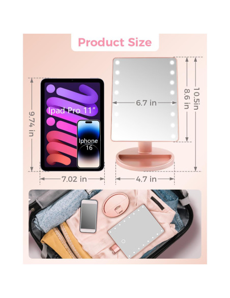 Espejo de Maquillaje Iluminado Bloominique Oro Rosa Dimmable