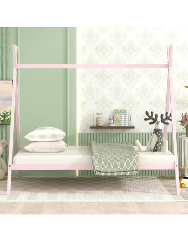 Cama Tipo Casa Doble Rosa Metal para Niños Genérico