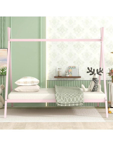Cama Tipo Casa Doble Rosa Metal para Niños Genérico
