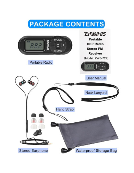 Radio Portátil FM ZHIWHIS Estéreo Digital con Presets Negro