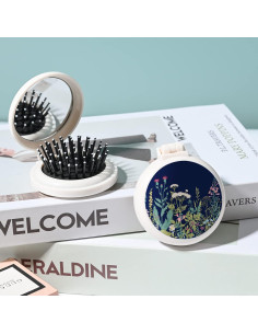 Mini cepillo de pelo portátil CZDZYMJYHS con espejo - Flores negras 2