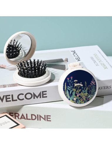 Mini cepillo de pelo portátil CZDZYMJYHS con espejo - Flores negras