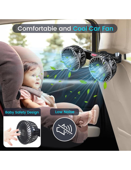 Ventilador de Coche HEEYCEM Doble Cabeza USB 5V 3 Velocidades