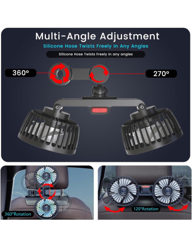 Ventilador de Coche HEEYCEM Doble Cabeza USB 5V 3 Velocidades