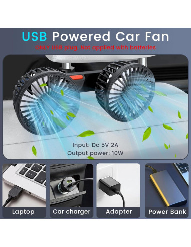 Ventilador de Coche HEEYCEM Doble Cabeza USB 5V 3 Velocidades