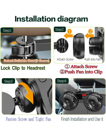 Ventilador de Coche HEEYCEM Doble Cabeza USB 5V 3 Velocidades