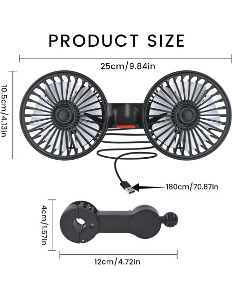 Ventilador de Coche HEEYCEM Doble Cabeza USB 5V 3 Velocidades