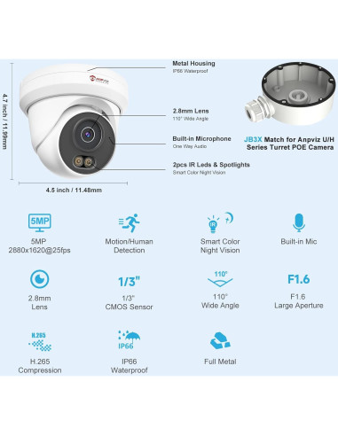 Cámara de Seguridad IP PoE Anpviz 5MP Turret Metal Exterior