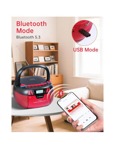 Reproductor Boombox SFOOEOJ CD Bluetooth 5.3 y Casete Rojo