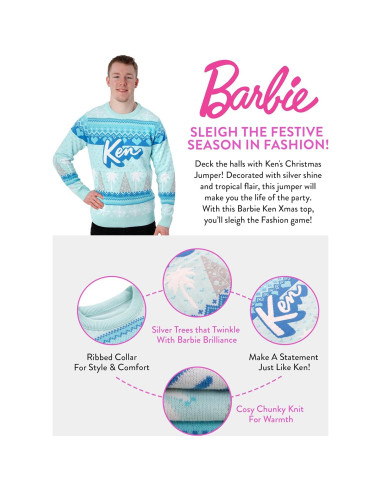 Suéter Navideño Azul Barbie Ken para Hombres - Talla Grande