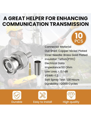 Conector BNC Macho Crimp 50 Ohm ZDRU para RG58 RG142 LMR195 - 10 Pcs