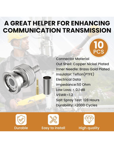 Conector BNC Macho Crimp 50 Ohm ZDRU para RG58 RG142 LMR195 - 10 Pcs