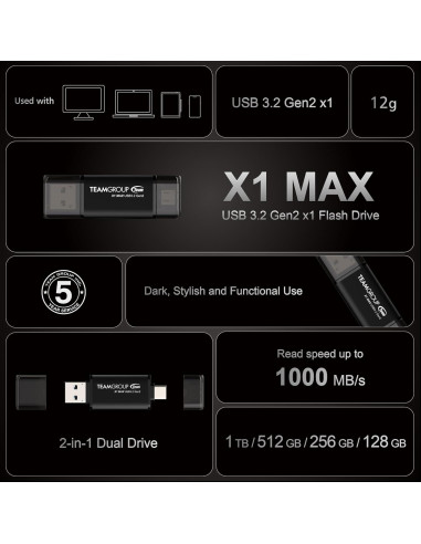TEAMGROUP X1 MAX 128GB USB 3.2 Doble Interfaz Tipo A y C