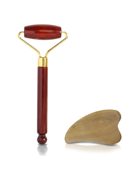Juego de Masaje Facial Gua Sha Werncy - Rodillo y Piedra de Madera