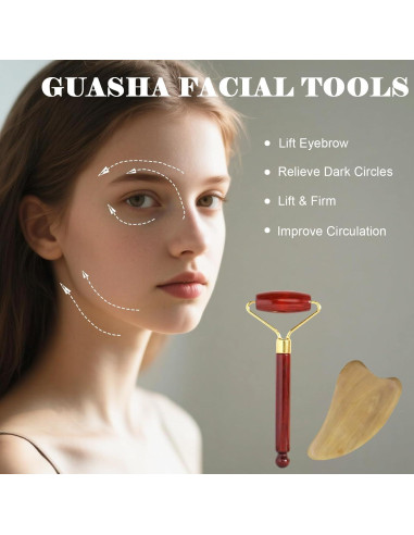 Juego de Masaje Facial Gua Sha Werncy - Rodillo y Piedra de Madera