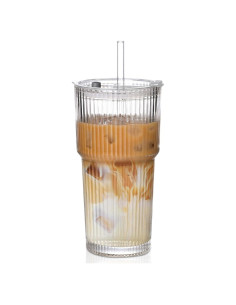 Vaso de Vidrio Estriado 20oz AUFXKOO con Tapa y Pajita