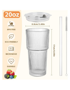 Vaso de Vidrio Estriado 20oz AUFXKOO con Tapa y Pajita 2