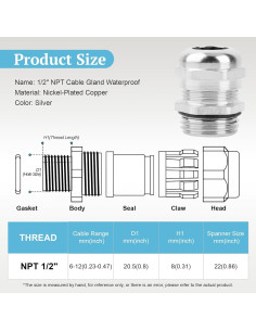 4 Piezas Conector Cable Gland NPT 1/2" OJP IP68 6-12mm 2