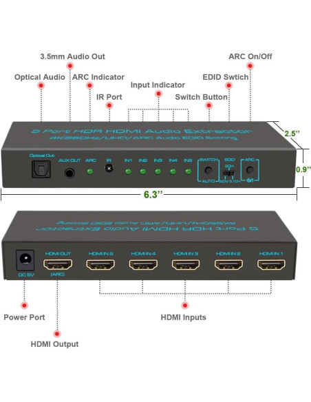 Conmutador HDMI SkycropHD 4K 60Hz 5 en 1 con extractor de audio