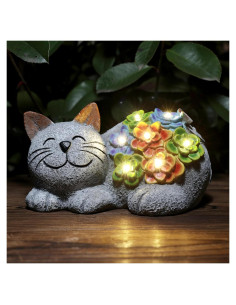 Estatua Solar de Gato Otdair con Suculenta y LED 17.3 cm