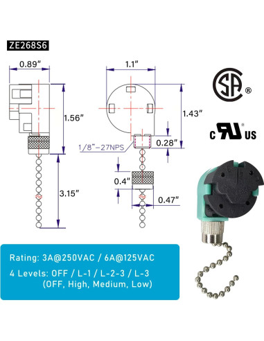 Interruptor de cadena YukiHalu para ventilador de techo 3 velocidades
